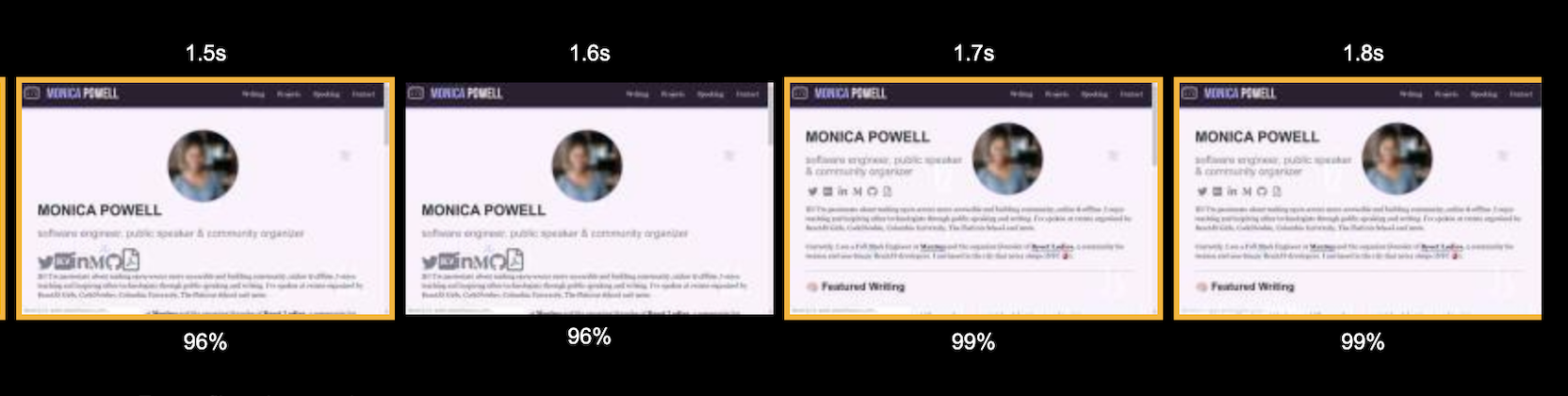 a screenshot from the filmstrip from web page speed test showing the icons appearing as different sizes in different snapshots over time